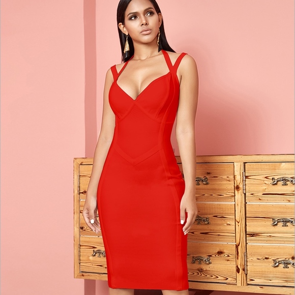 Rouge! Dresses & Skirts - 🎥 Bandage V-Neck Strappy Midi Dress in Red